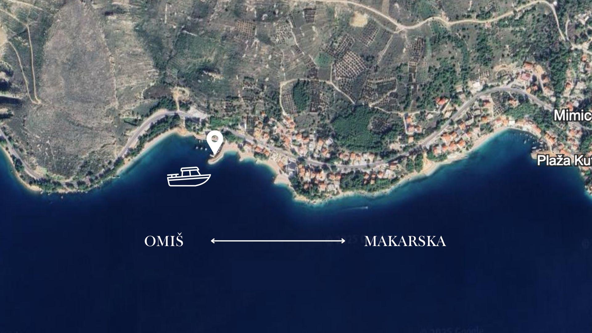 Satellite map showing the Medići harbour departure point between Omiš and Makarska