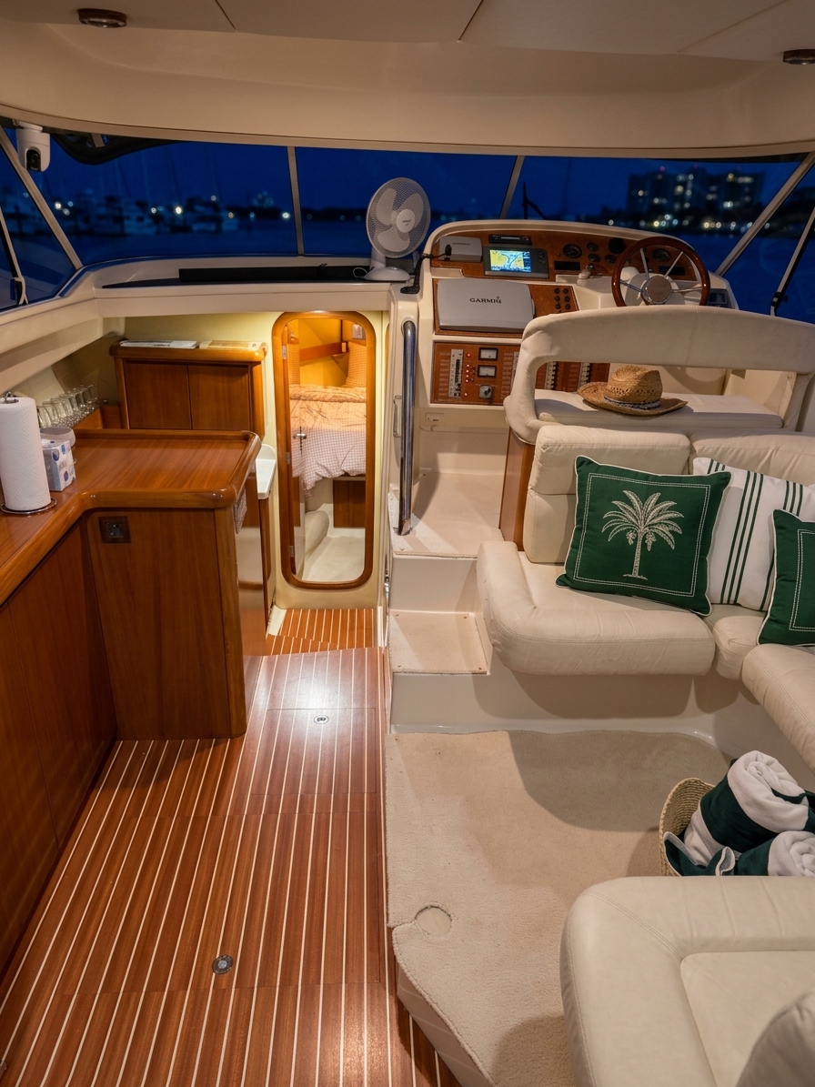 The cabin and helm area lit up on a warm evening aboard Providenca