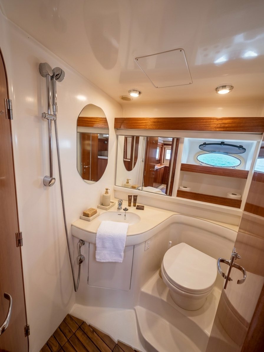A closer look at Providenca’s onboard shower and bathroom