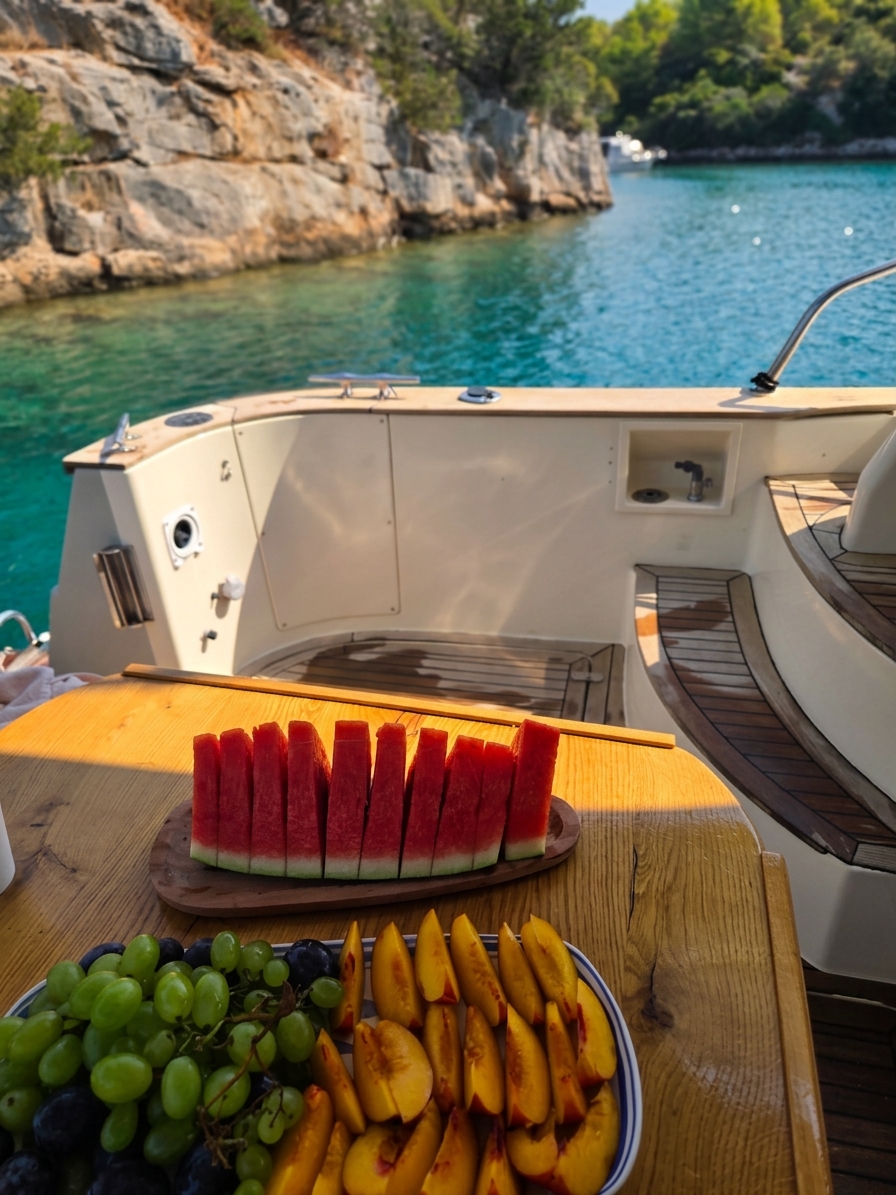 Fresh watermelon and fruit served on deck with the cove in the background